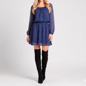 Mimi Chica Dress Blue Blouson Long Sleeve Mini M Boho Peasant